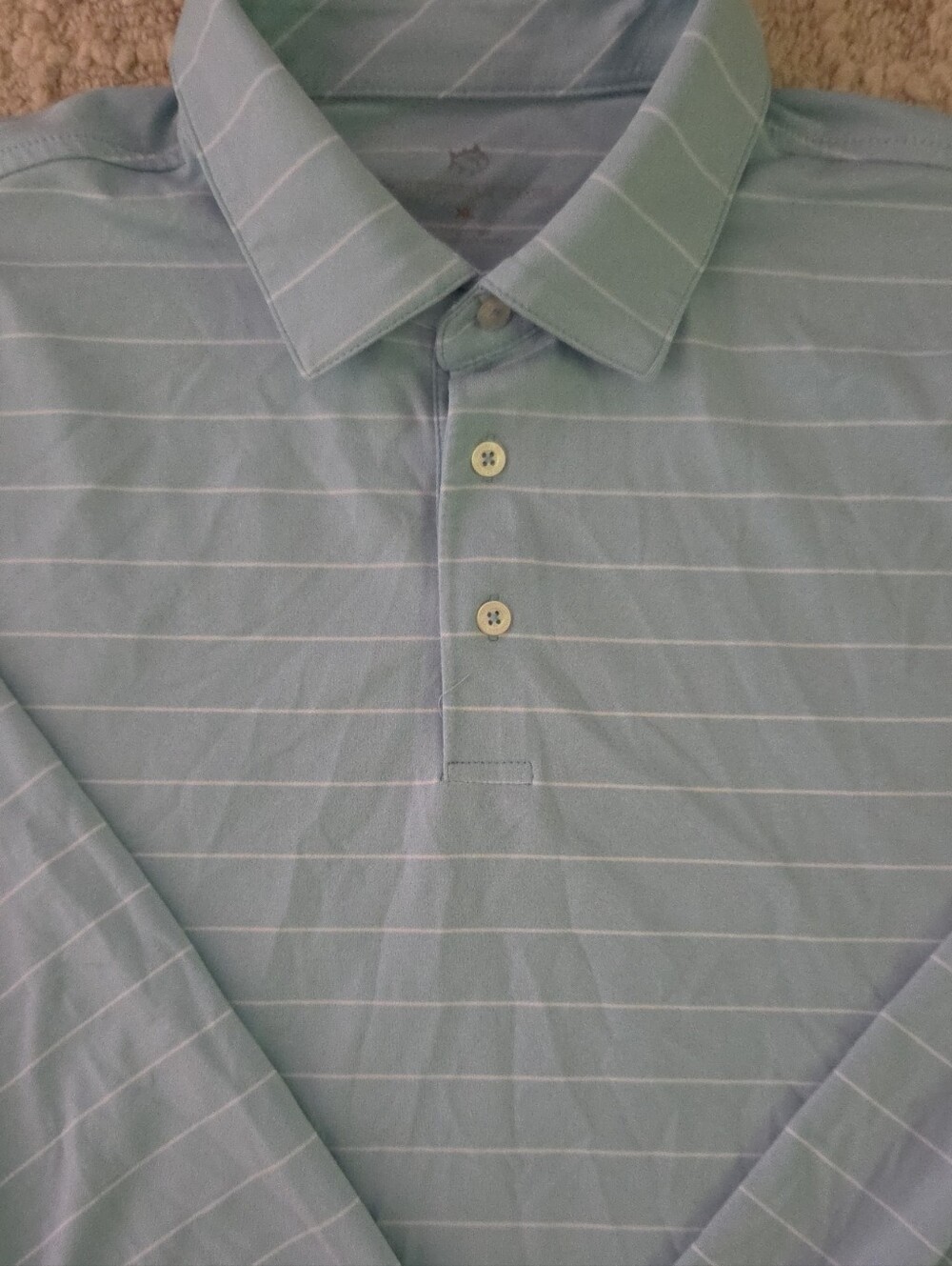Southern Tide Light Blue Long Sleeve Golf Polo with Thin White Stripes, XL
